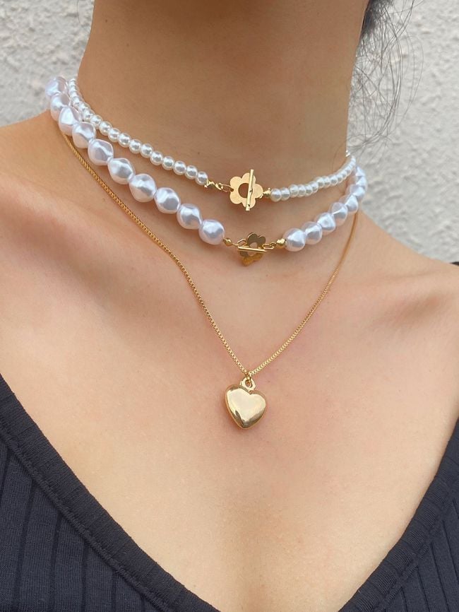 Geometric Pearl Heart-Shaped Flower Ot Necklace Set (1)