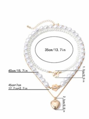 Geometric Pearl Heart-Shaped Flower Ot Necklace Set (1)