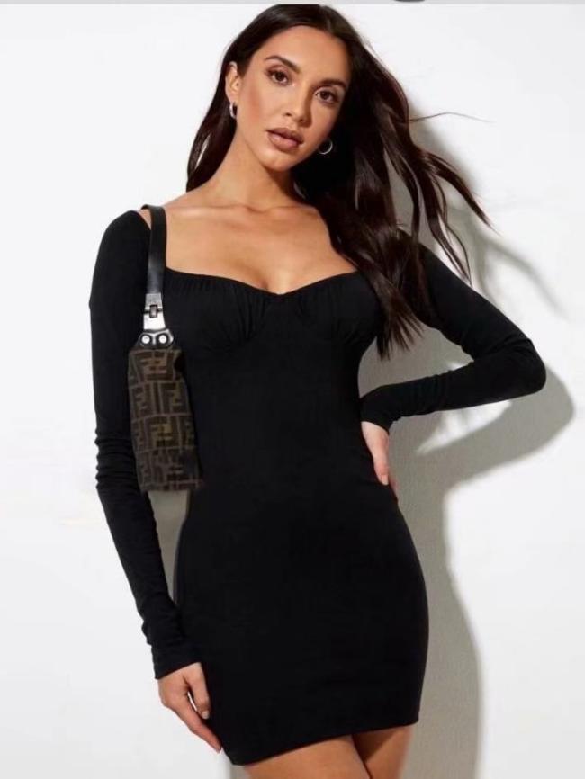 Hedging Square Neck Long Sleeve Slim Sexy Dress