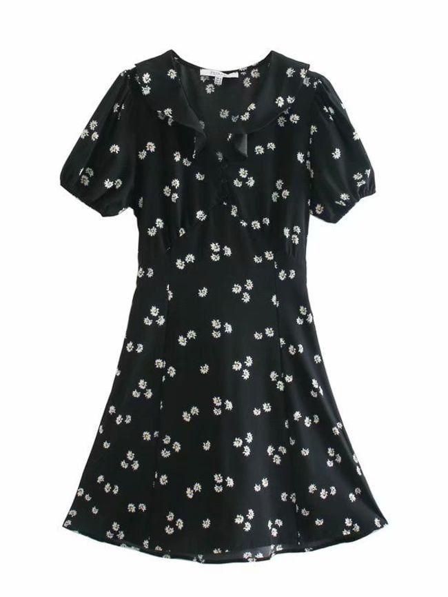 Lapel Short Sleeve Printed High Waist Short Dress