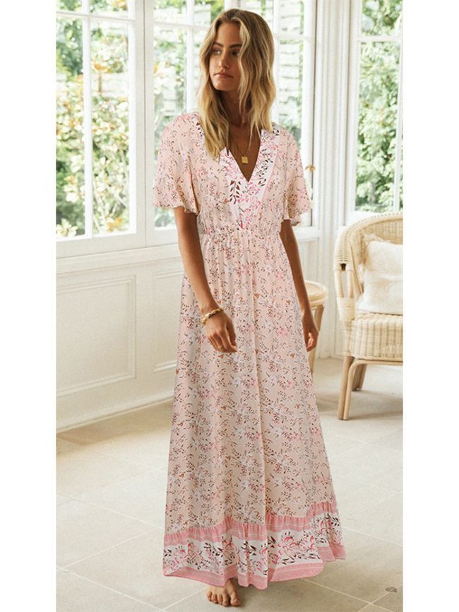 V-neck Bohemian floral dress with short sleeves