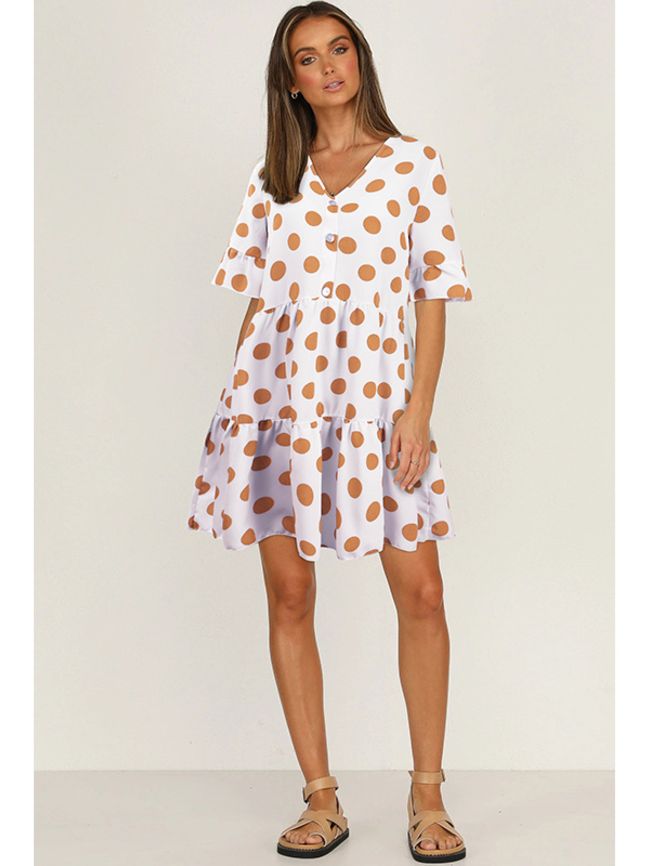 V-neck polka-dot short-sleeved dress