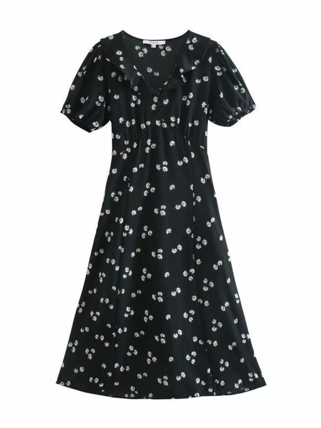 Pullover Lapel Short Sleeve Elastic High Waist Print Long Dress