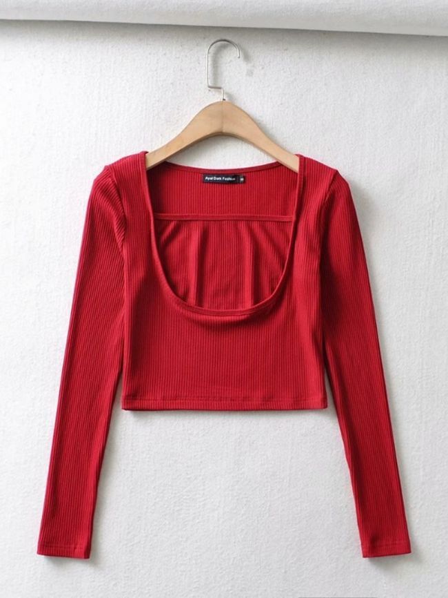 Pullover Square Neck Long Sleeve High Waist Short Knit Top