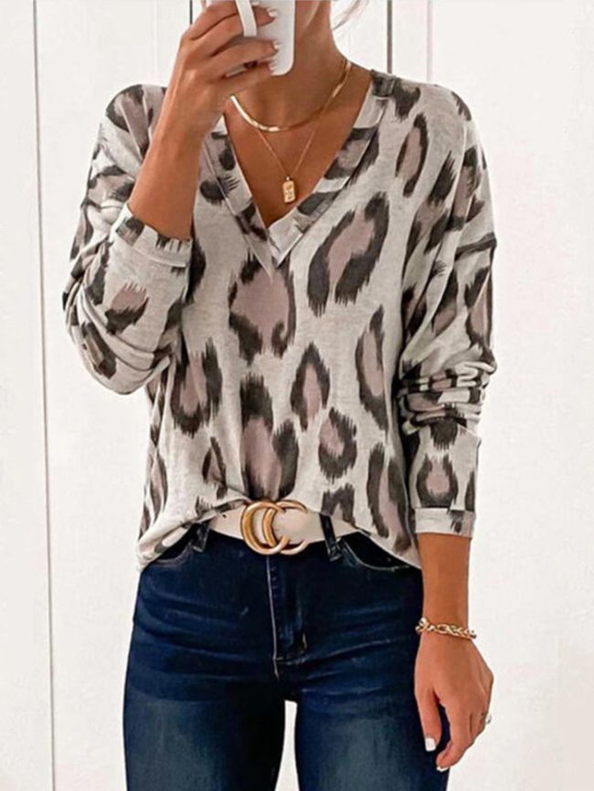 Large leopard print loose casual T-shirt
