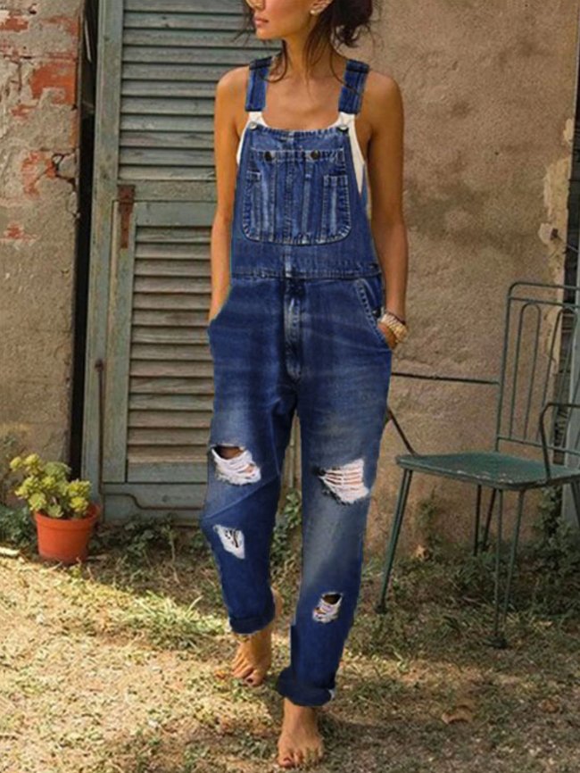 Ripped straps one-piece stitching pocket jeans
