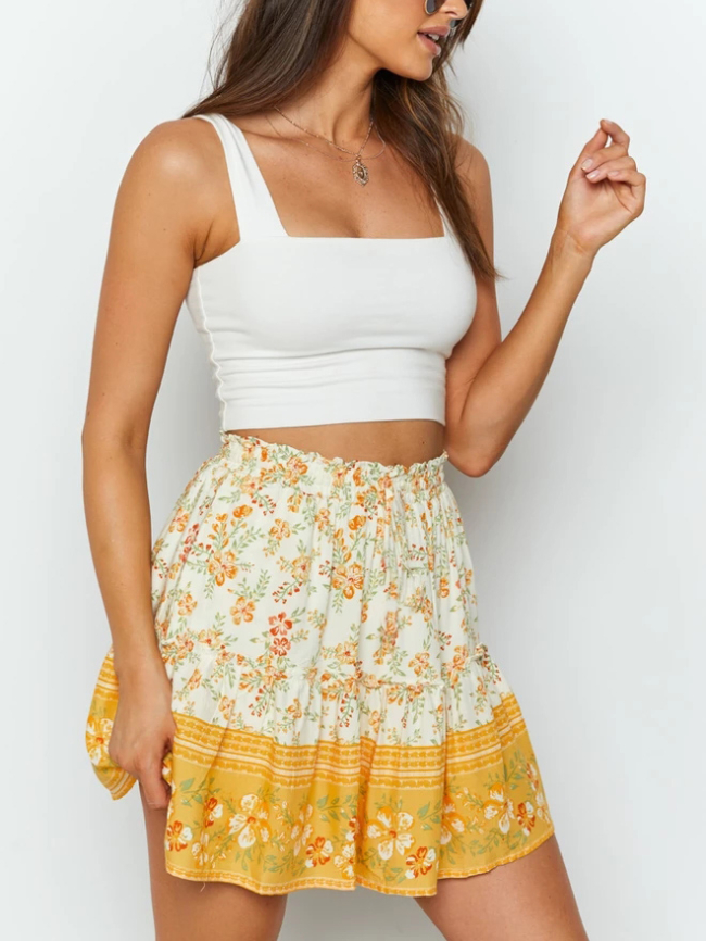 Bohemian pattern print ruffle skirt