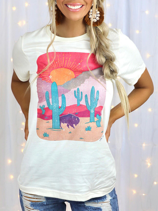 Desert cactus plant landscape print T-shirt