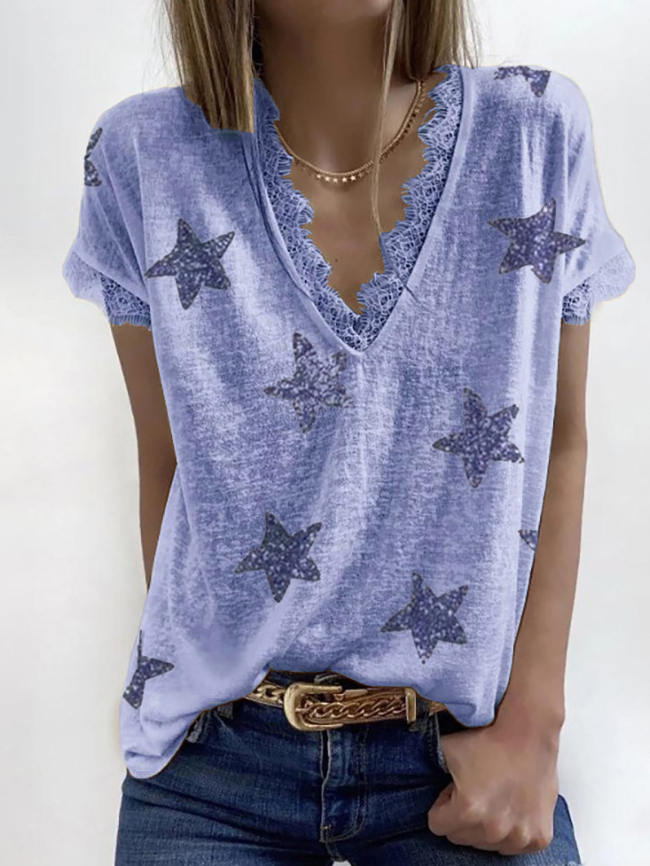 Five-pointed star print lace V-neck T-shirt