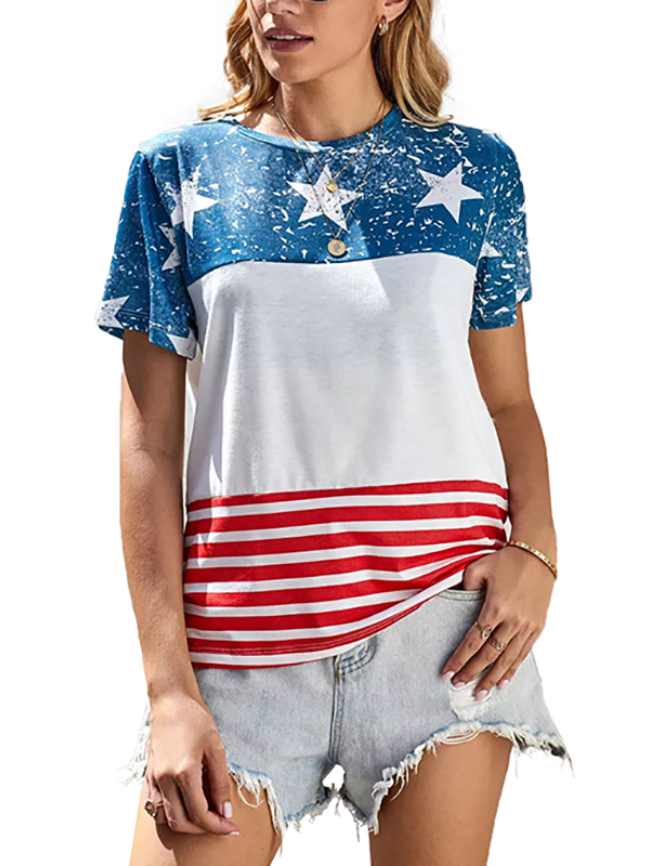 Five-pointed star stripe print color block T-shirt