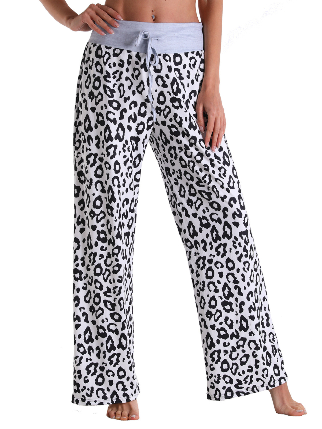 Leopard print mid-waist lace-up casual home trousers
