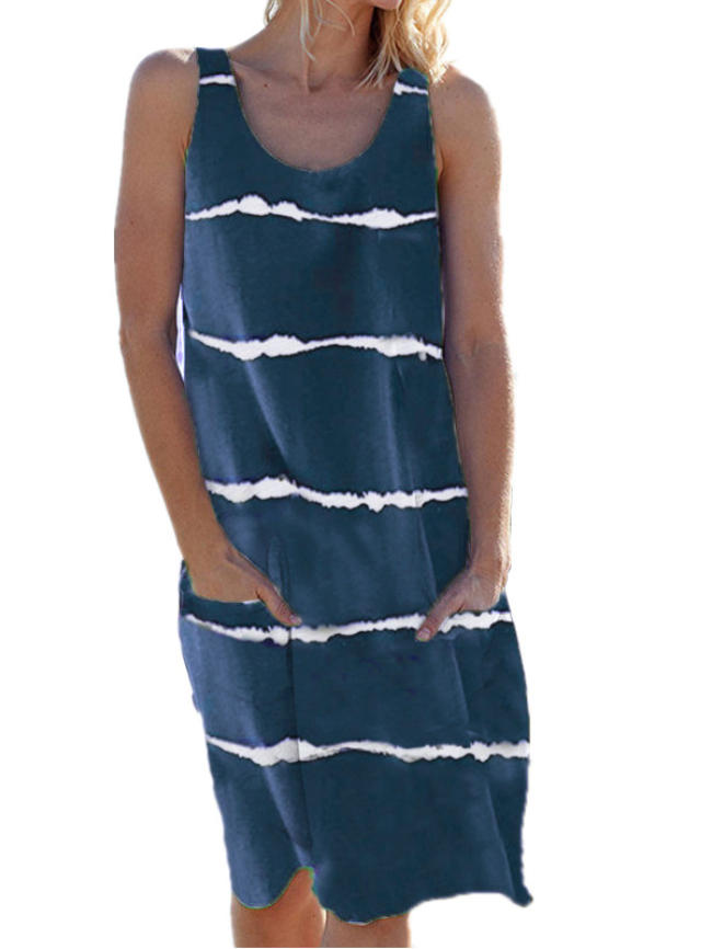 Round neck stripe print pocket vest dress