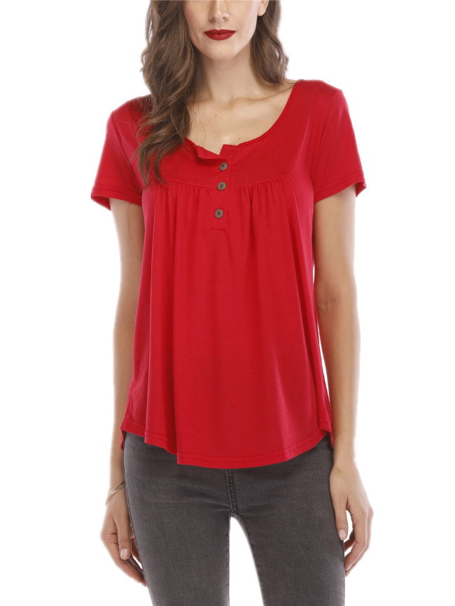 Shirred button short-sleeved top