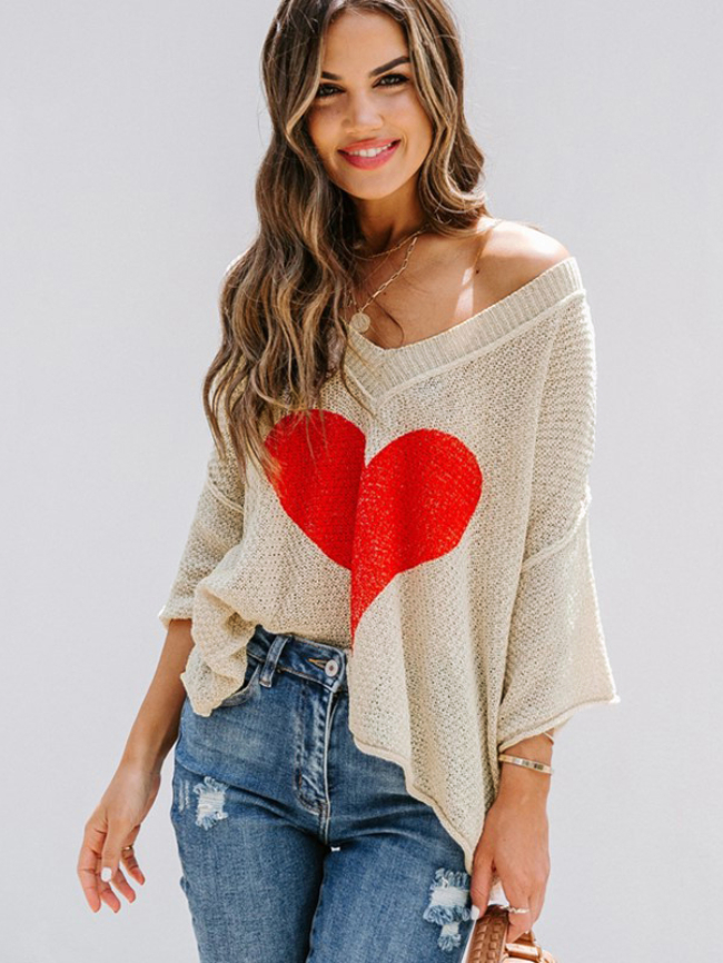Heart Pattern Half Sleeve Sweater