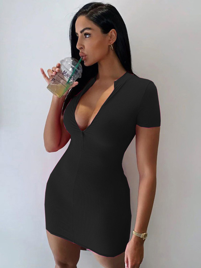 Solid Zipper Front Bodycon Dress