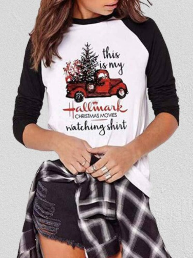 Christmas Letter Print Stitching Tee