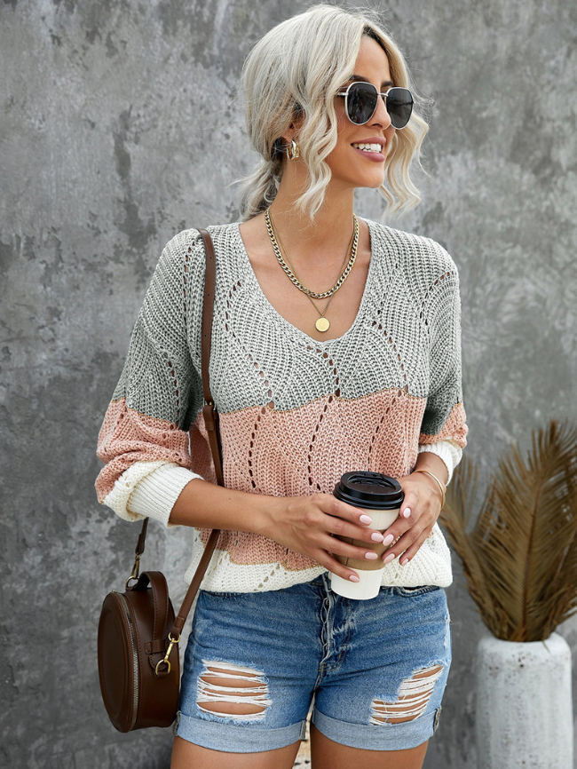 Color Block Knitted Cut Out Pullover Sweater