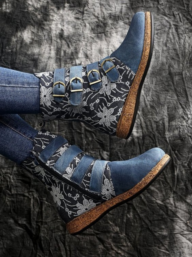 Embroidered Buckle Detail Boots