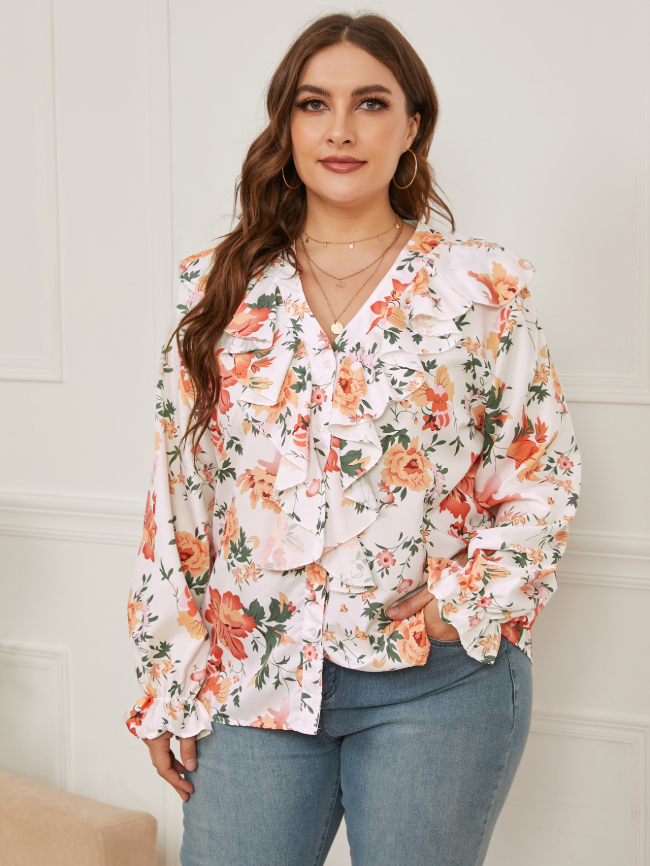 Floral Printed Ruffles Neck Blouse