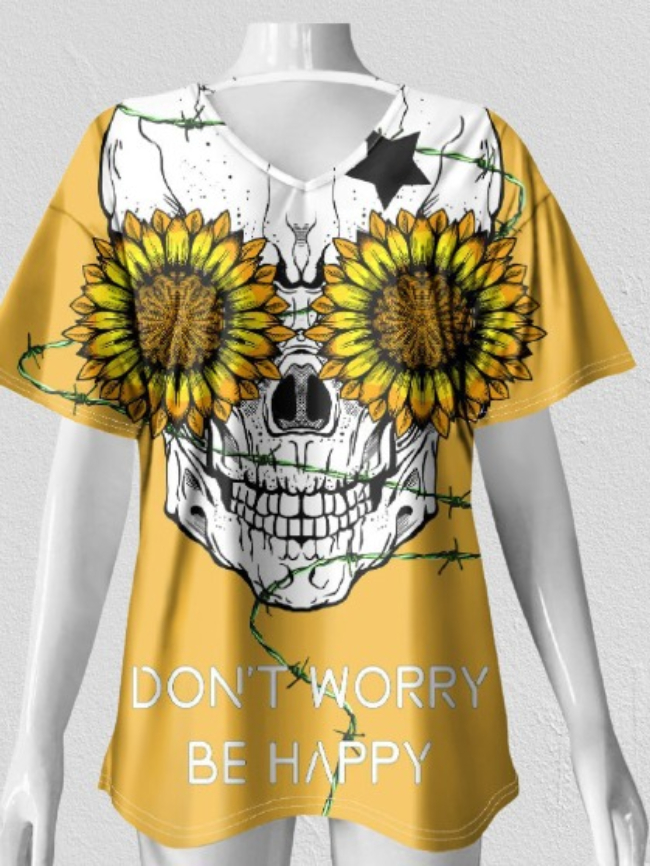 Floral Skull Print V-neck T-shirt