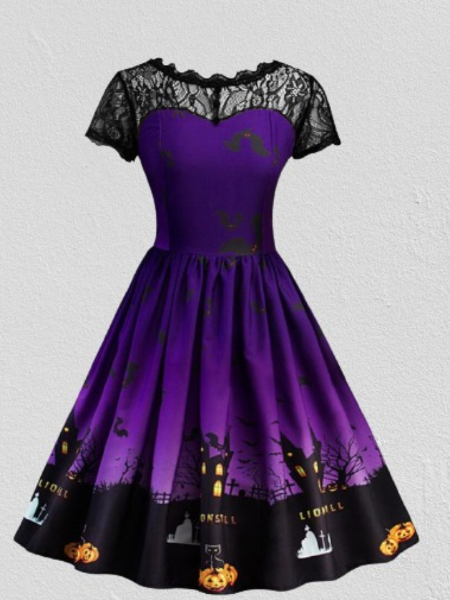 Halloween Print Stitching Lace Dress