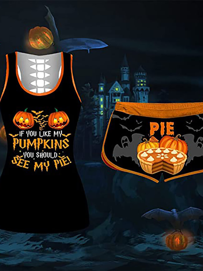 Halloween Pumpkin Print Tank Top And Shorts