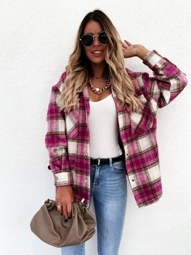 Plaid Print Pocketed Front Jacket