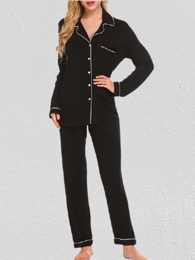 Solid Contrast Piping Pajama Set