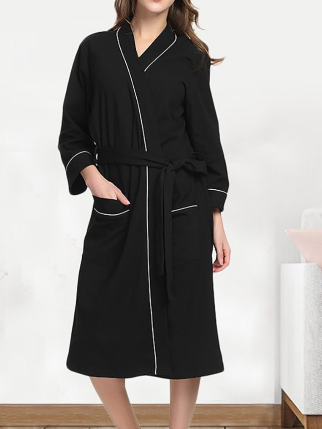 Solid Open Front Belted Night Robe Pajama