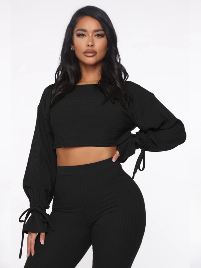 Solid Rib-knit Crop Top And Joggers Set