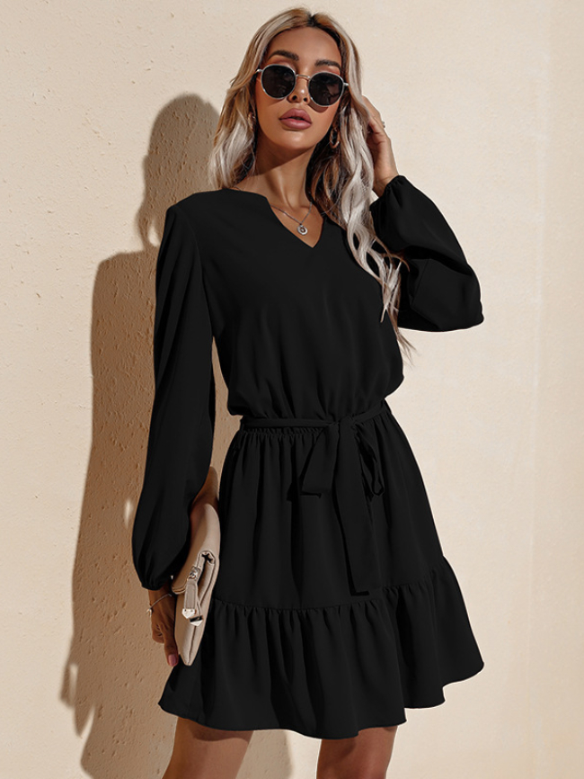 Solid Ruffle Detailing Lace-up Dress