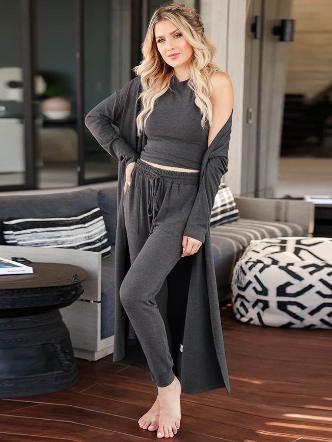 Solid Tank Top And Leggings Set With Coat