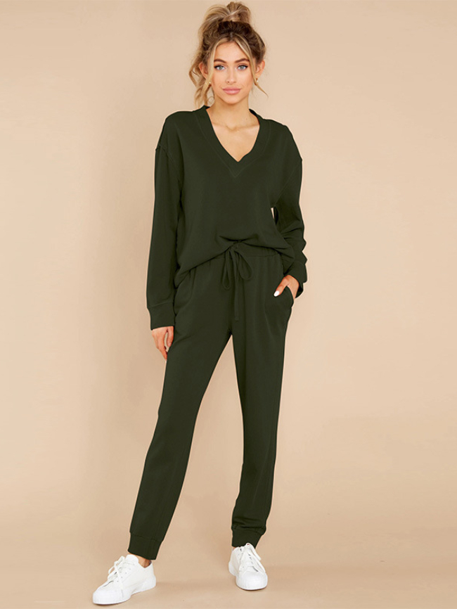 Solid V-neck Two Pieces Loungewear
