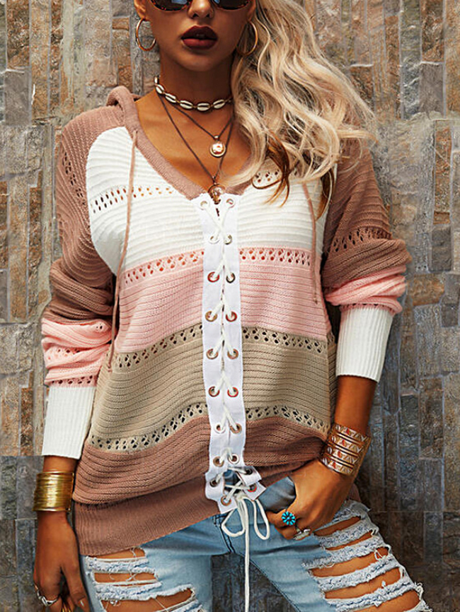 Striped Stitching Lace Up Hooded Sweater