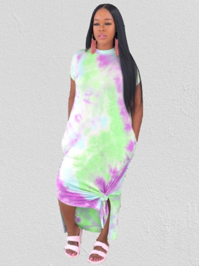 Tie-dye Print Split Calf Maxi Dress