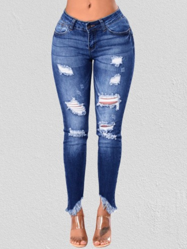 Asymmetric Fringed Ankles Ripped Jeans