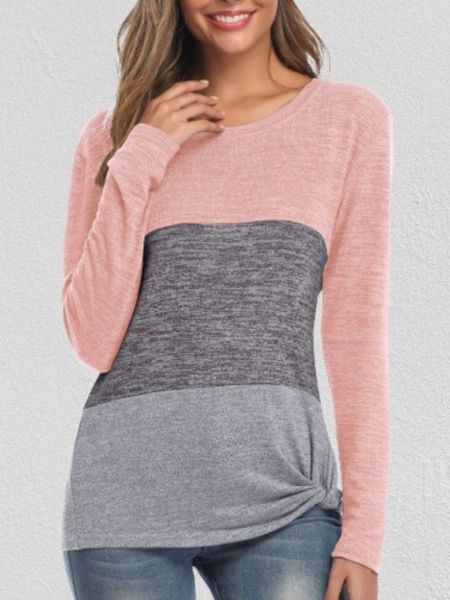 Color Block Twisted Crew Neck Long-sleeve Top