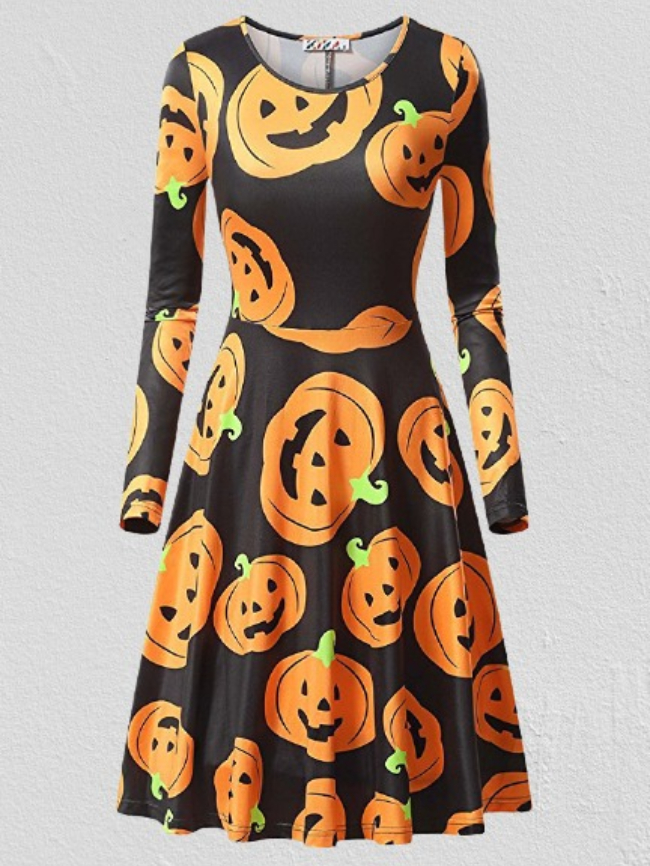 Halloween Pumpkin Print Long Sleeve Dress