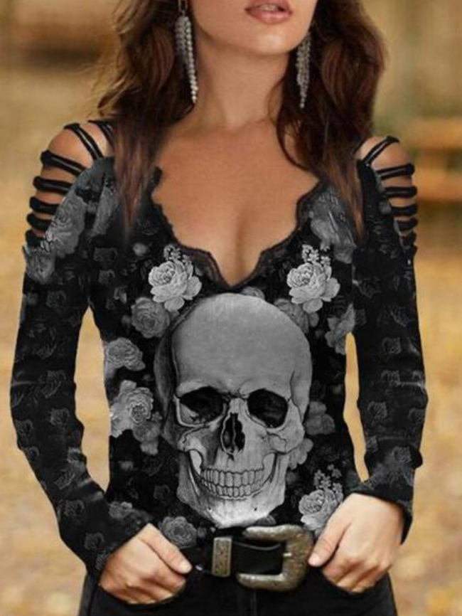 Halloween Skull Print Off-shoulder Long-sleeve Tee