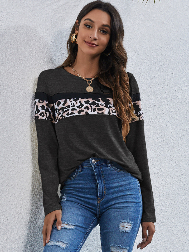 Leopard Print Stitching Long-sleeved Tee
