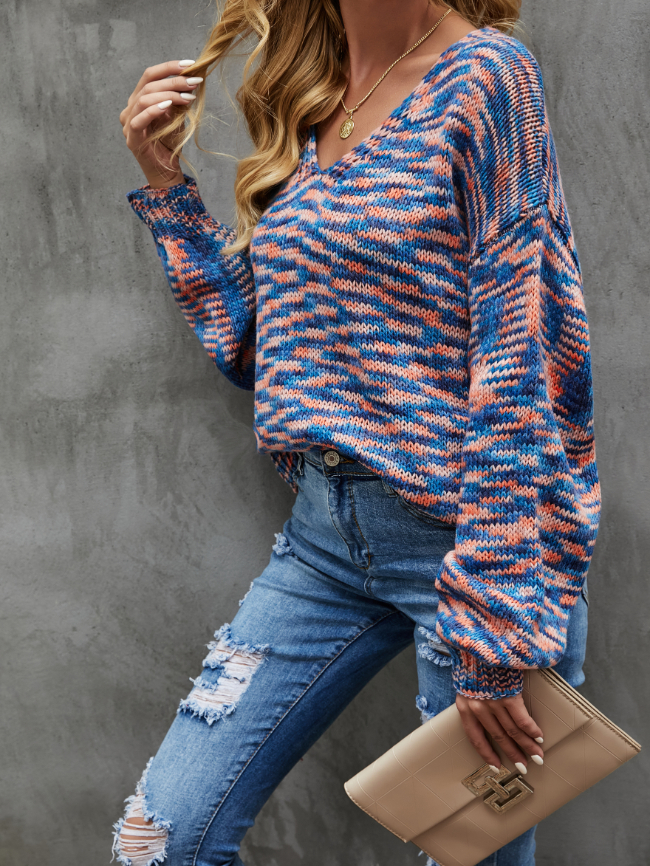 Multicolor V-neck Long Sleeve Knitted Sweater