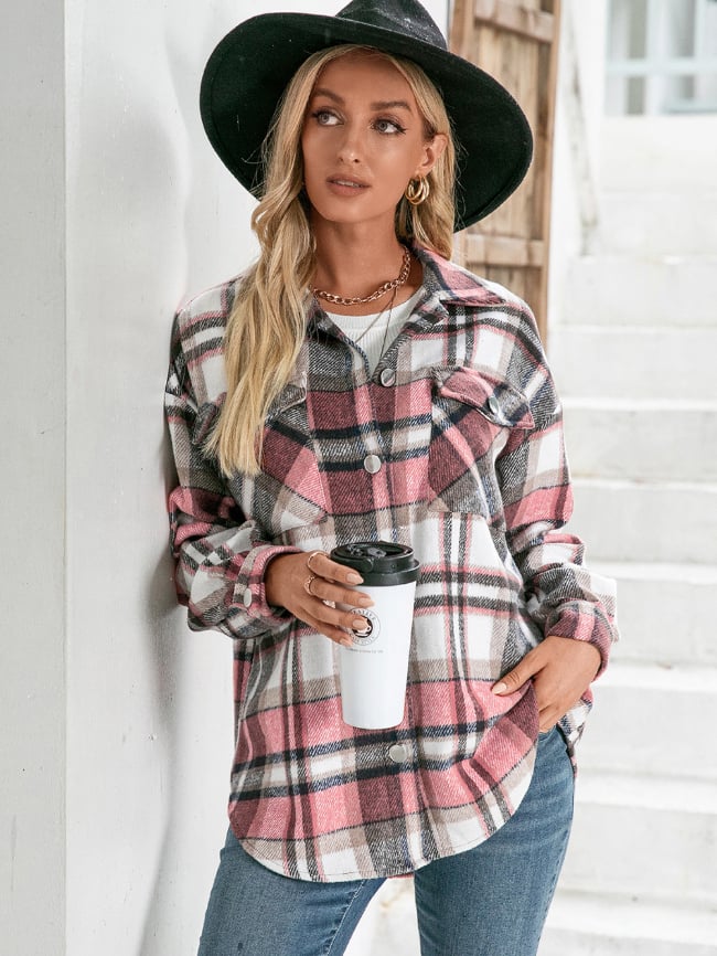 Plaid Printed Button-Front Pocket Jacket