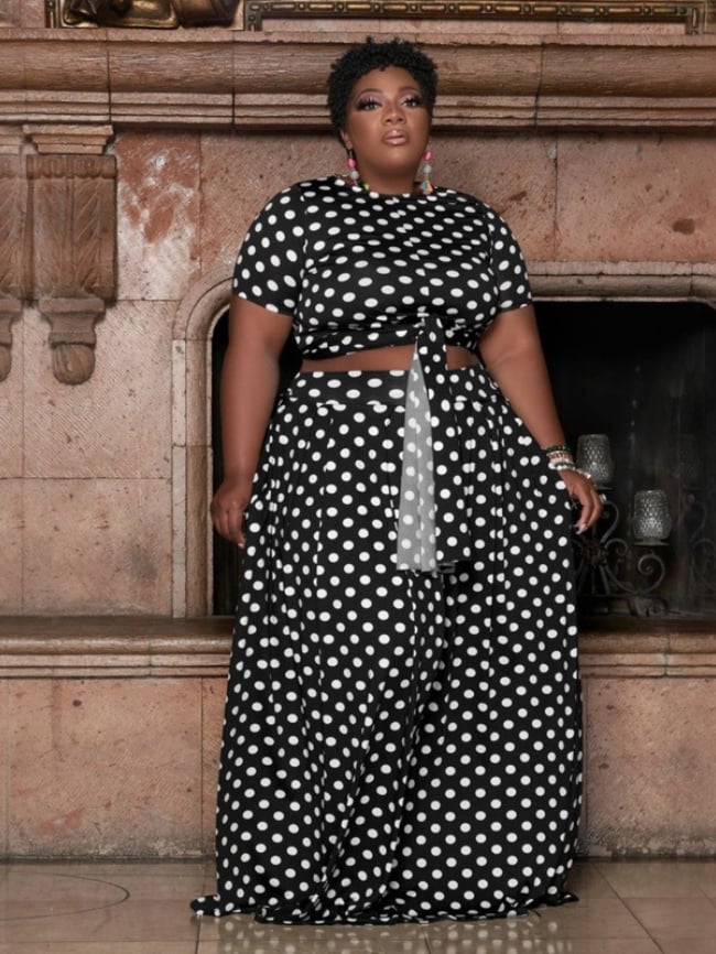 Plus Polka Dot Belted Top And Skirt Two-Piece Set