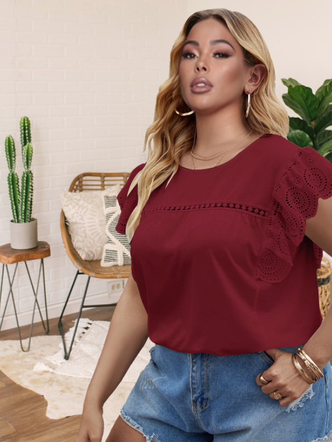 Plus Wine Red Lace Sleeve Hollow Tee