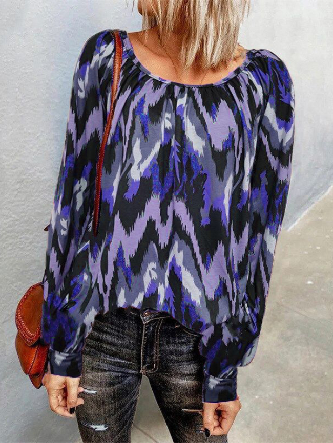 Printed Long-sleeve Round Neck Blouse