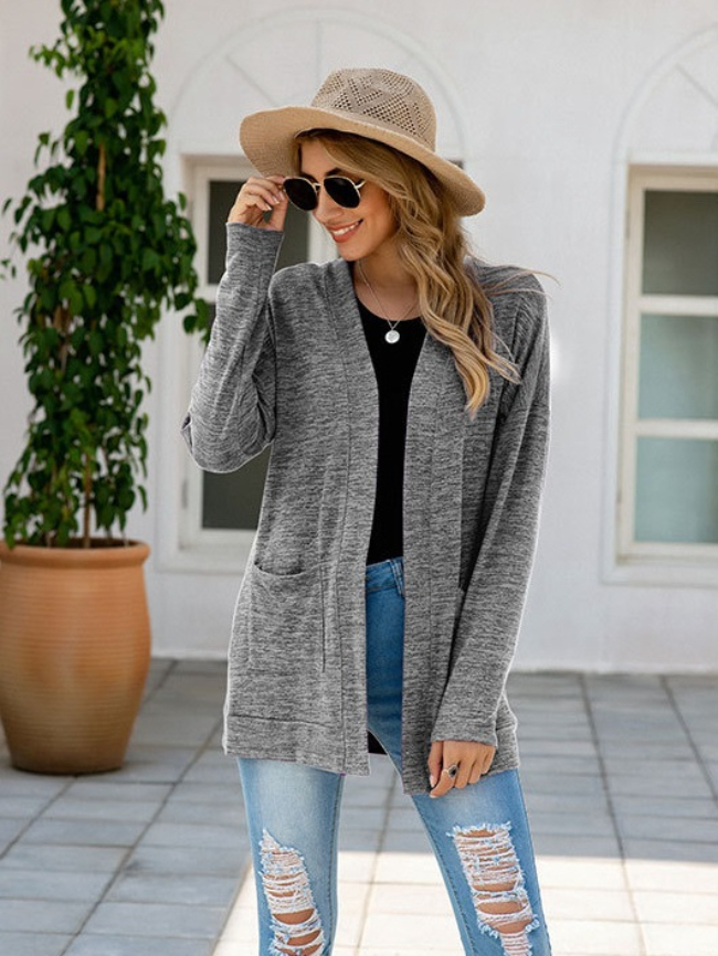 Solid Open Front Pocket Long Sleeve Cardigan