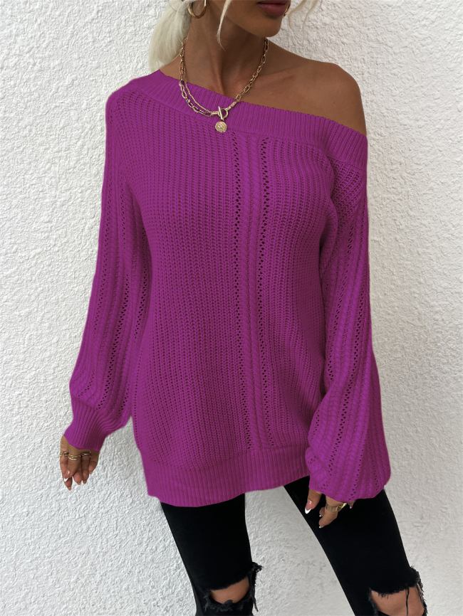 Solid Slouchy Neckline Knitted Sweater
