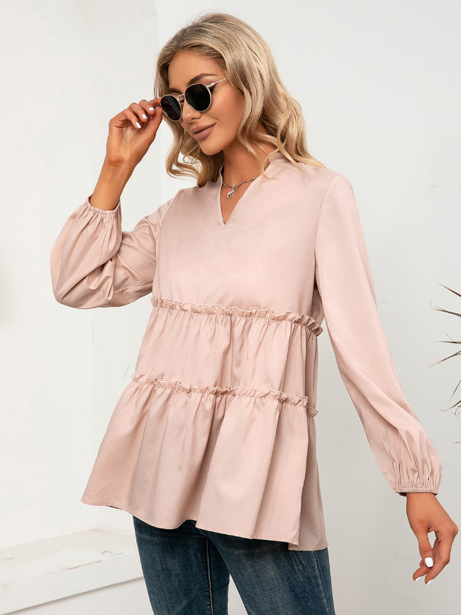 Solid V-Neck Midi Shirt With Ruffle Detailing