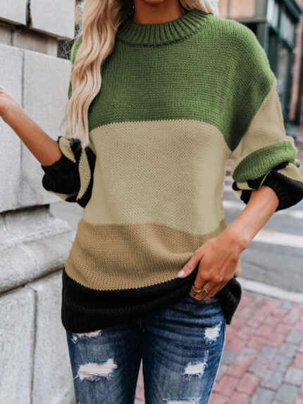 Color Block Print Drop Shoulder Pullover Sweater