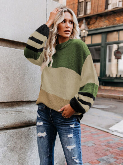 Color Block Print Drop Shoulder Pullover Sweater